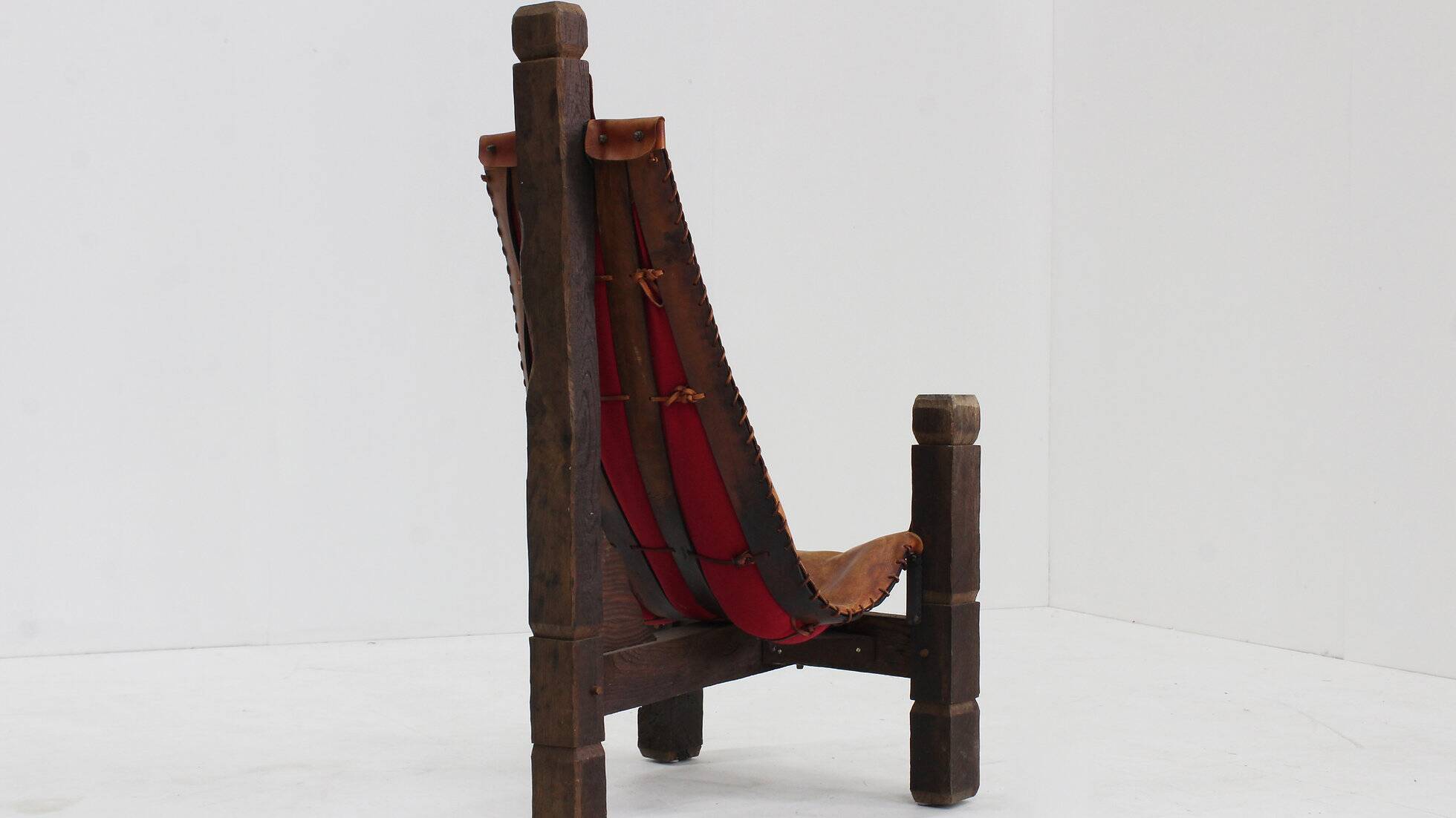 Vintage Brutalist tripod chair leather and wood