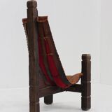 Vintage Brutalist tripod chair leather and wood