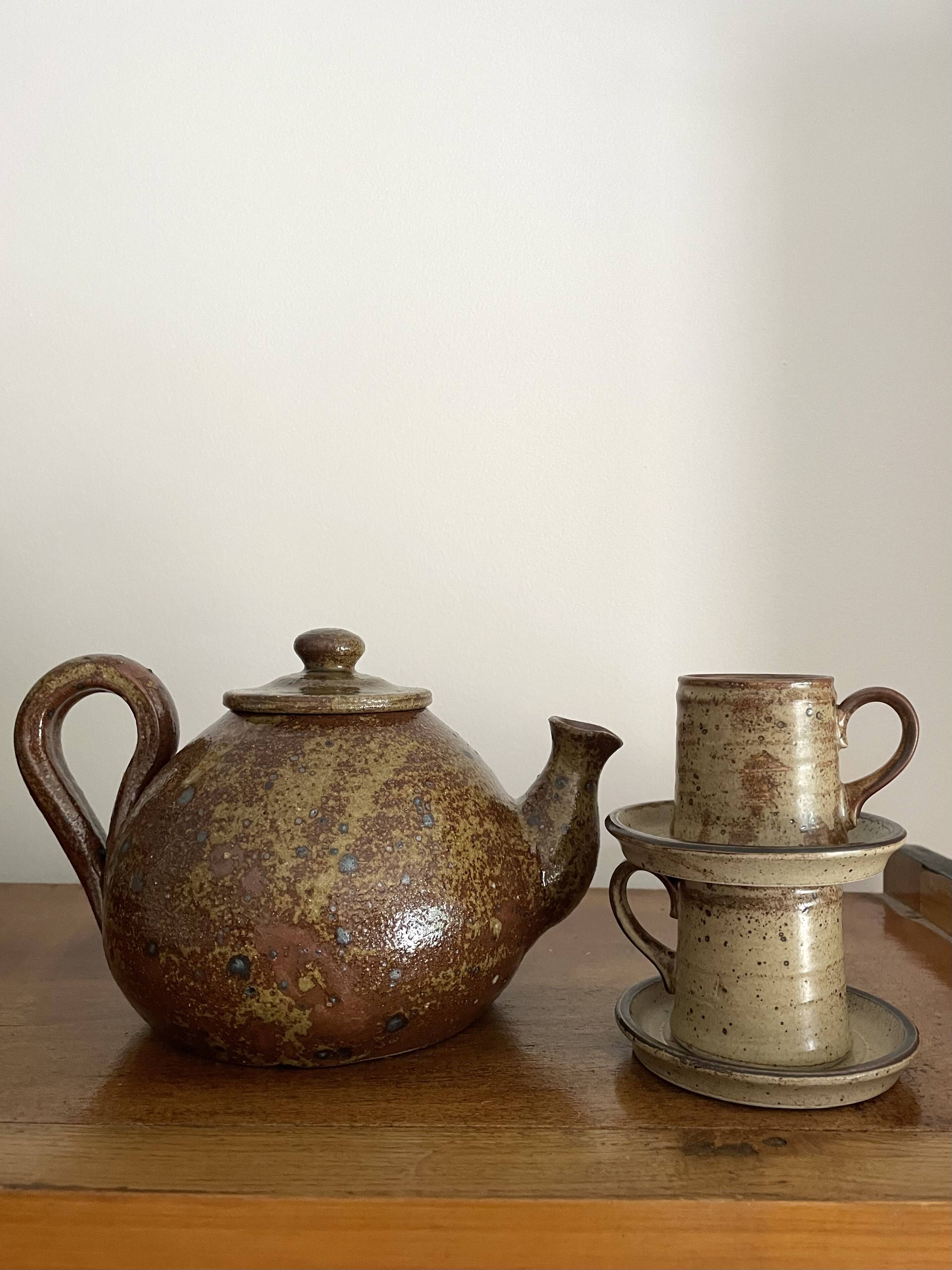 Théière avec 2 tasse à café en grès design vintage