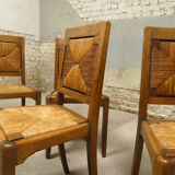 Set of 4 oak and straw chairs, 1950