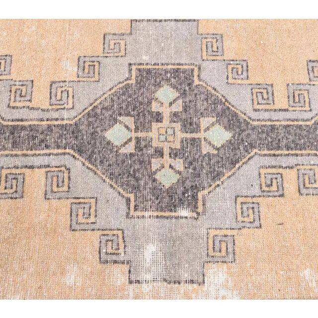 Natural Vintage Geometric Turkish Hand-Knotted Runner Rug 80x341