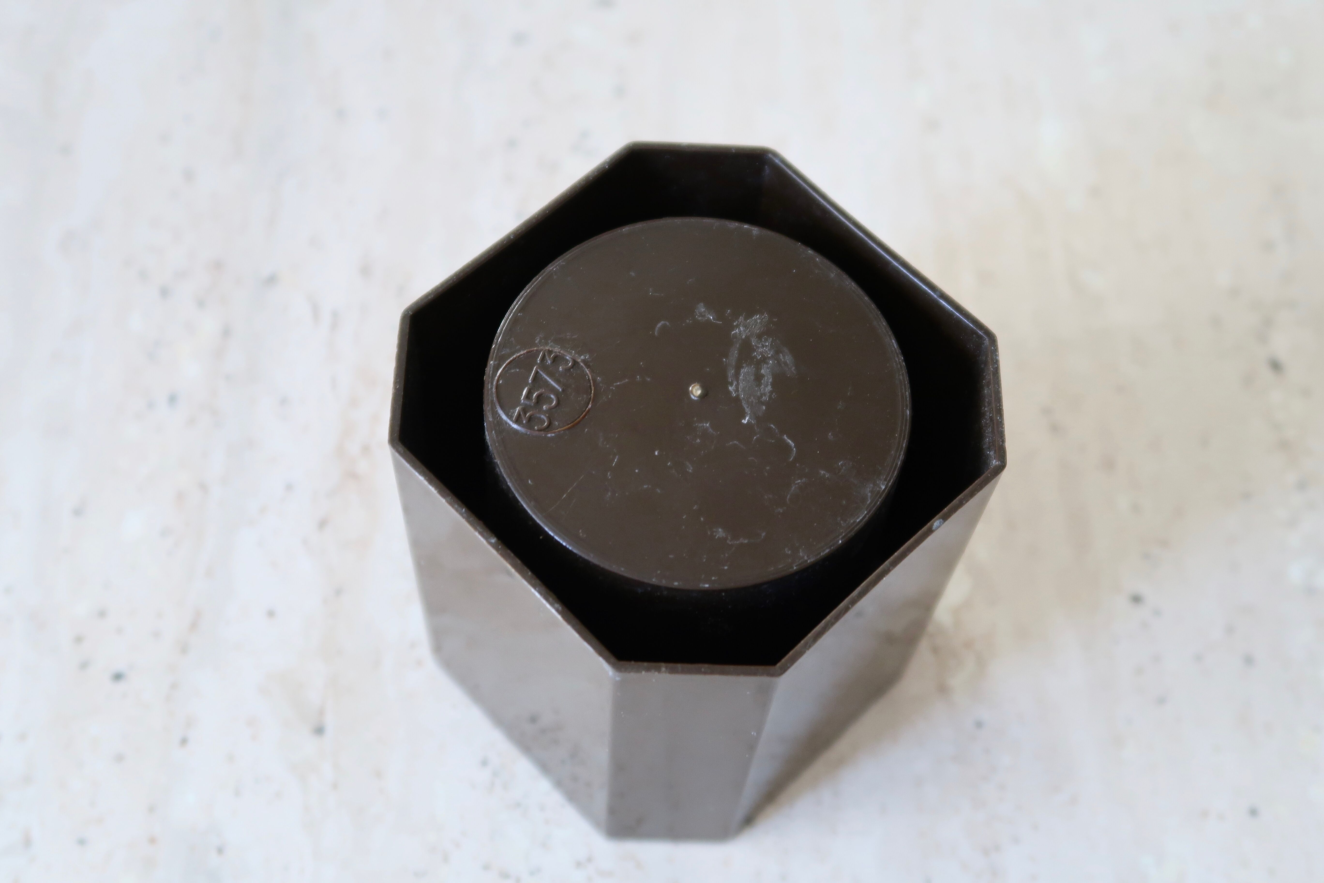 Brown plastic pencil pot, 70s
