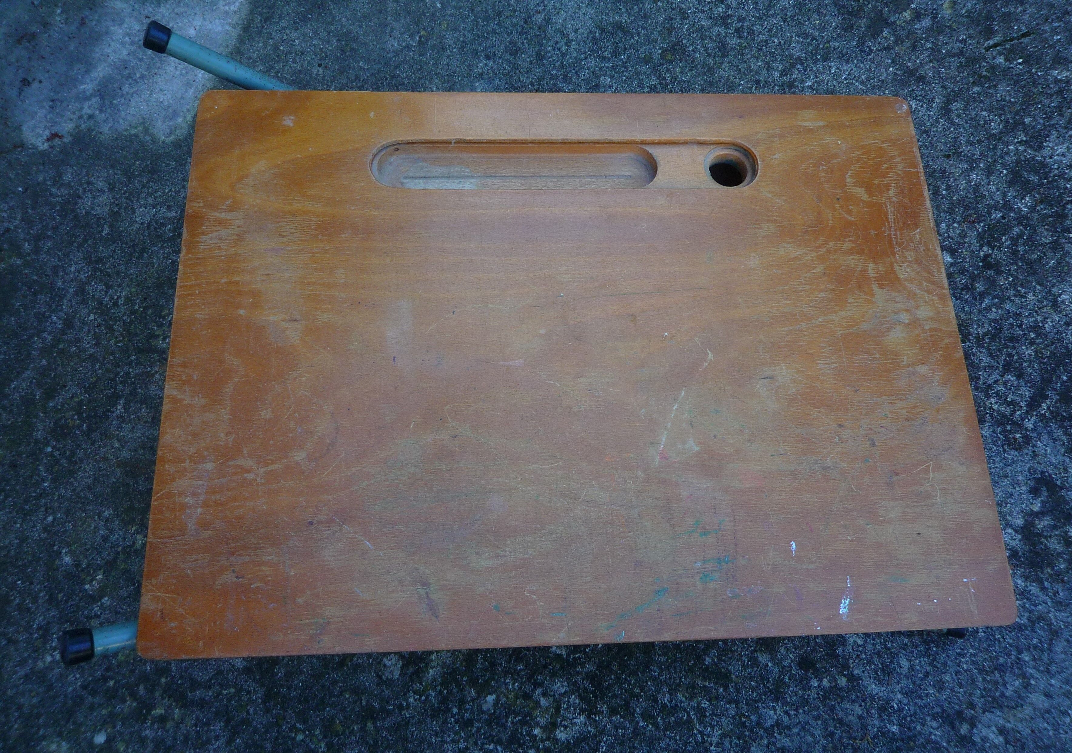 Folding school desk, wood and metal, vintage 50s