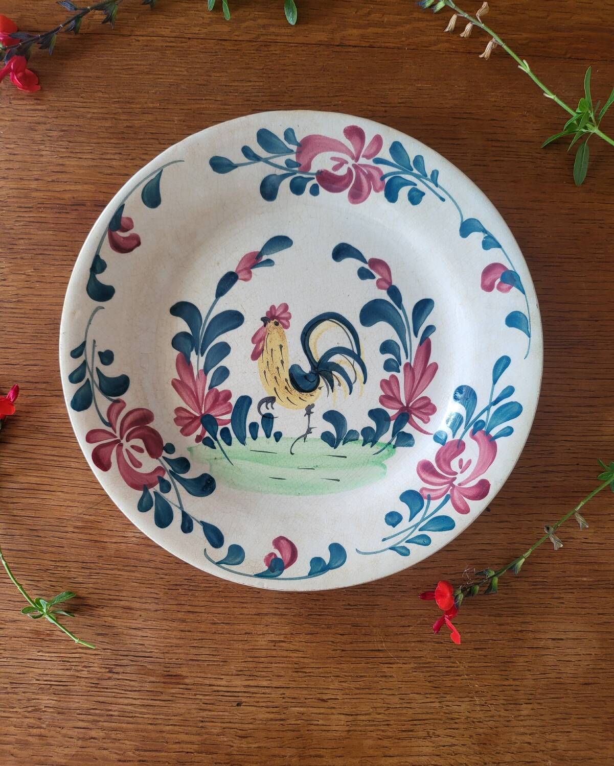 Old Creil and Montereau Earthenware Plate "Labrador" Rooster Decor