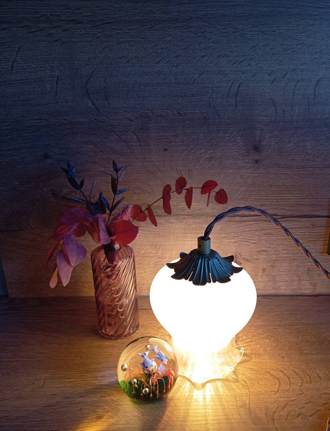 White opaline globe portable lamp, art deco style, brown textile cord