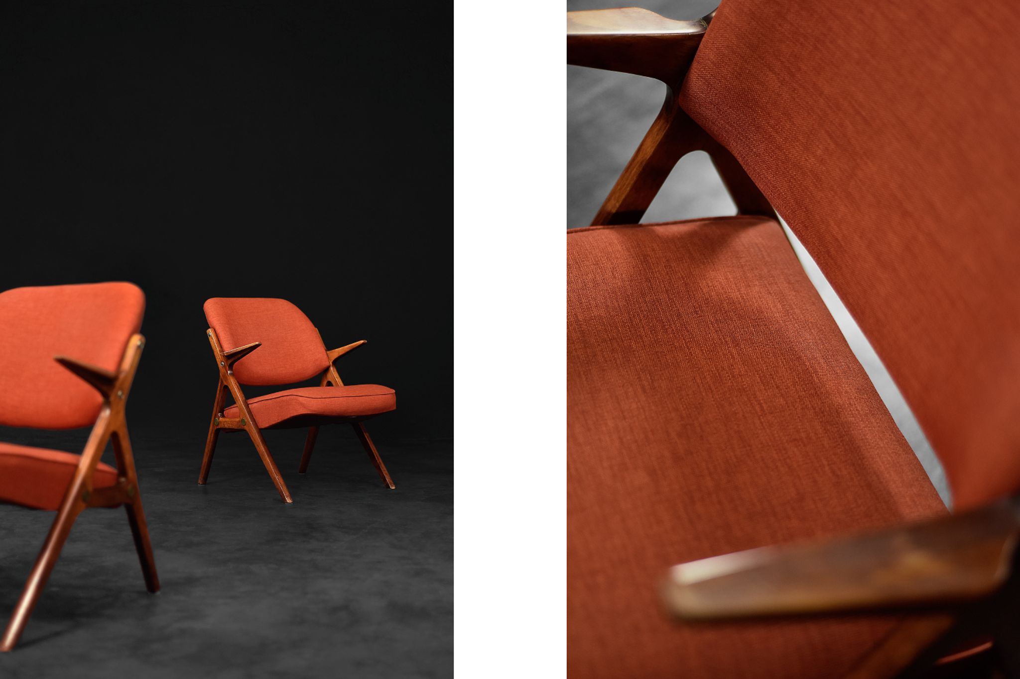 Vintage scandinavian modern oak & crimson fabric nya flugan armchairs from bröderna anderssons