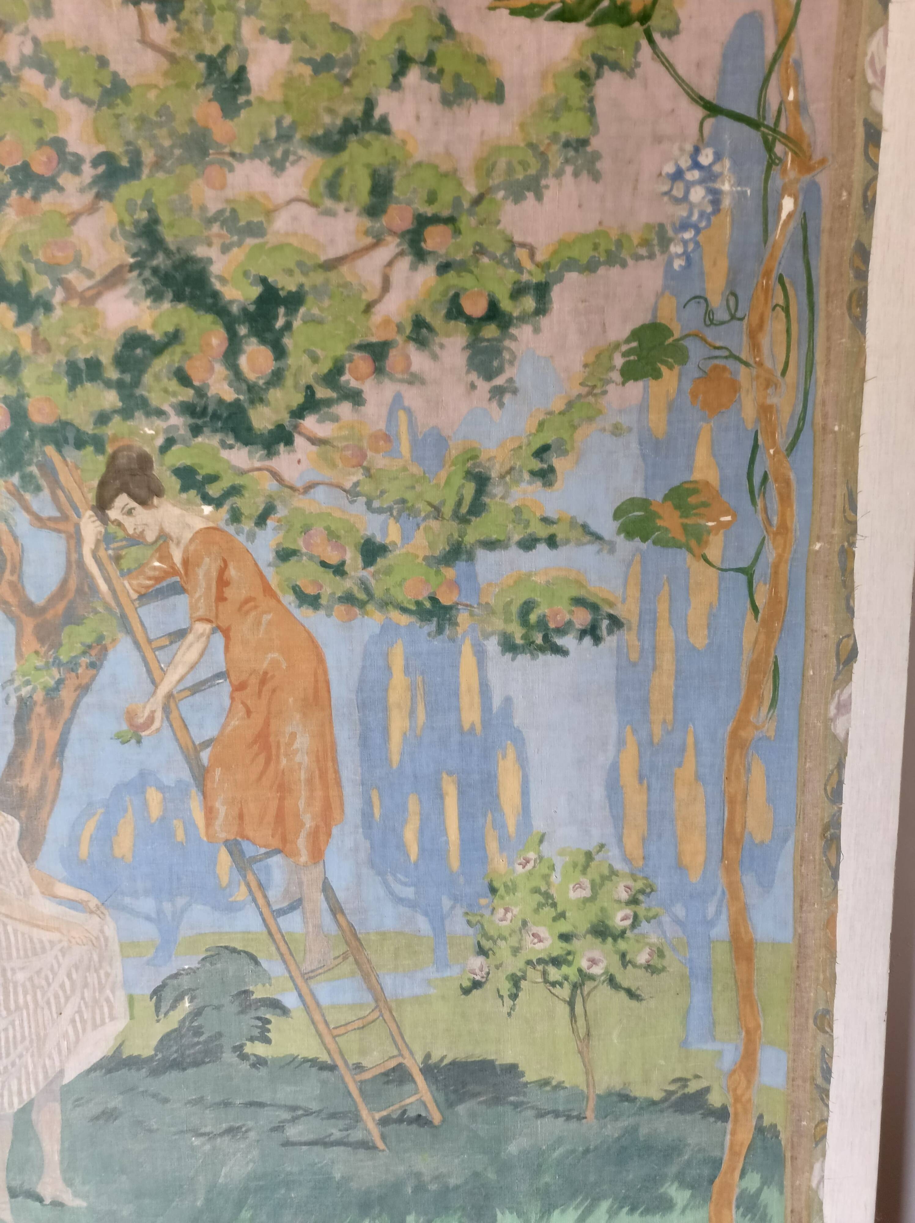 Large painting on canvas from the 20th century mounted on a frame - rural scene.