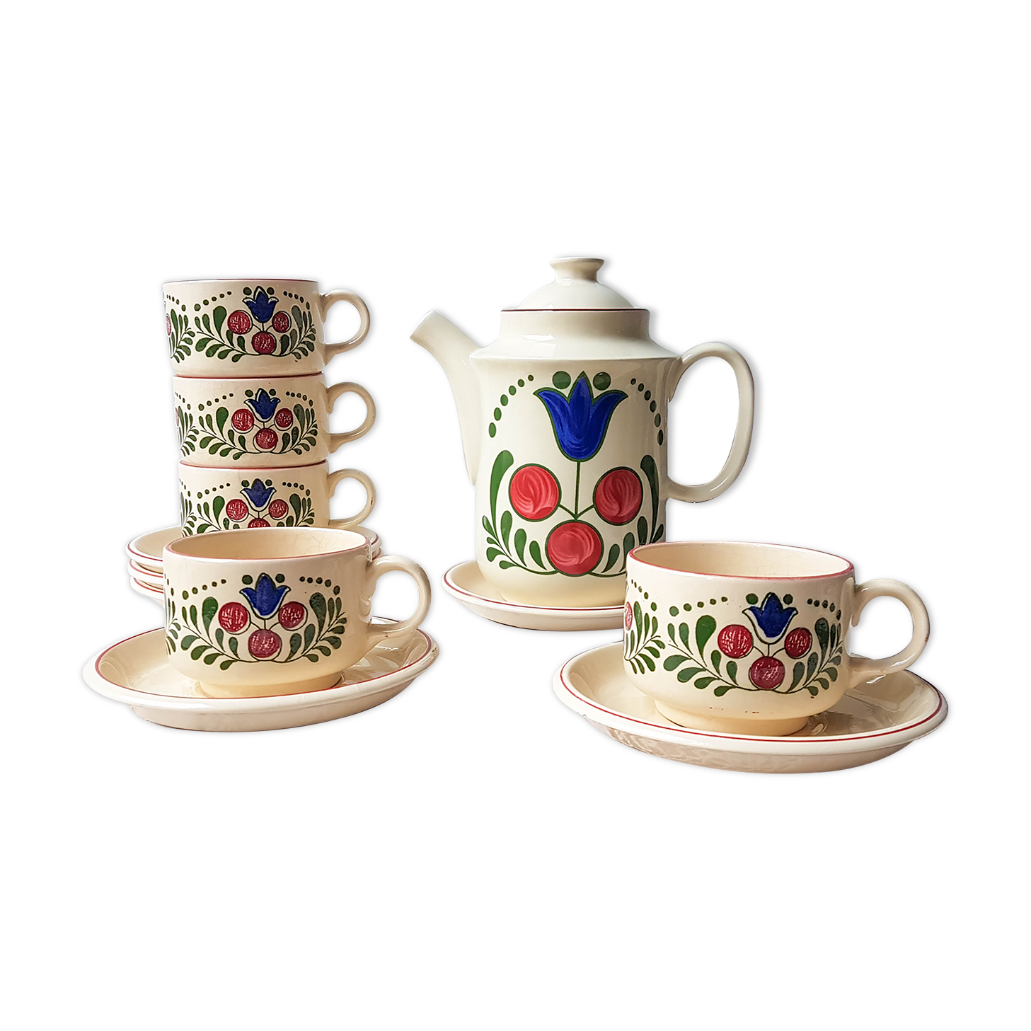 Vintage handmade earthenware coffee service for 5 people