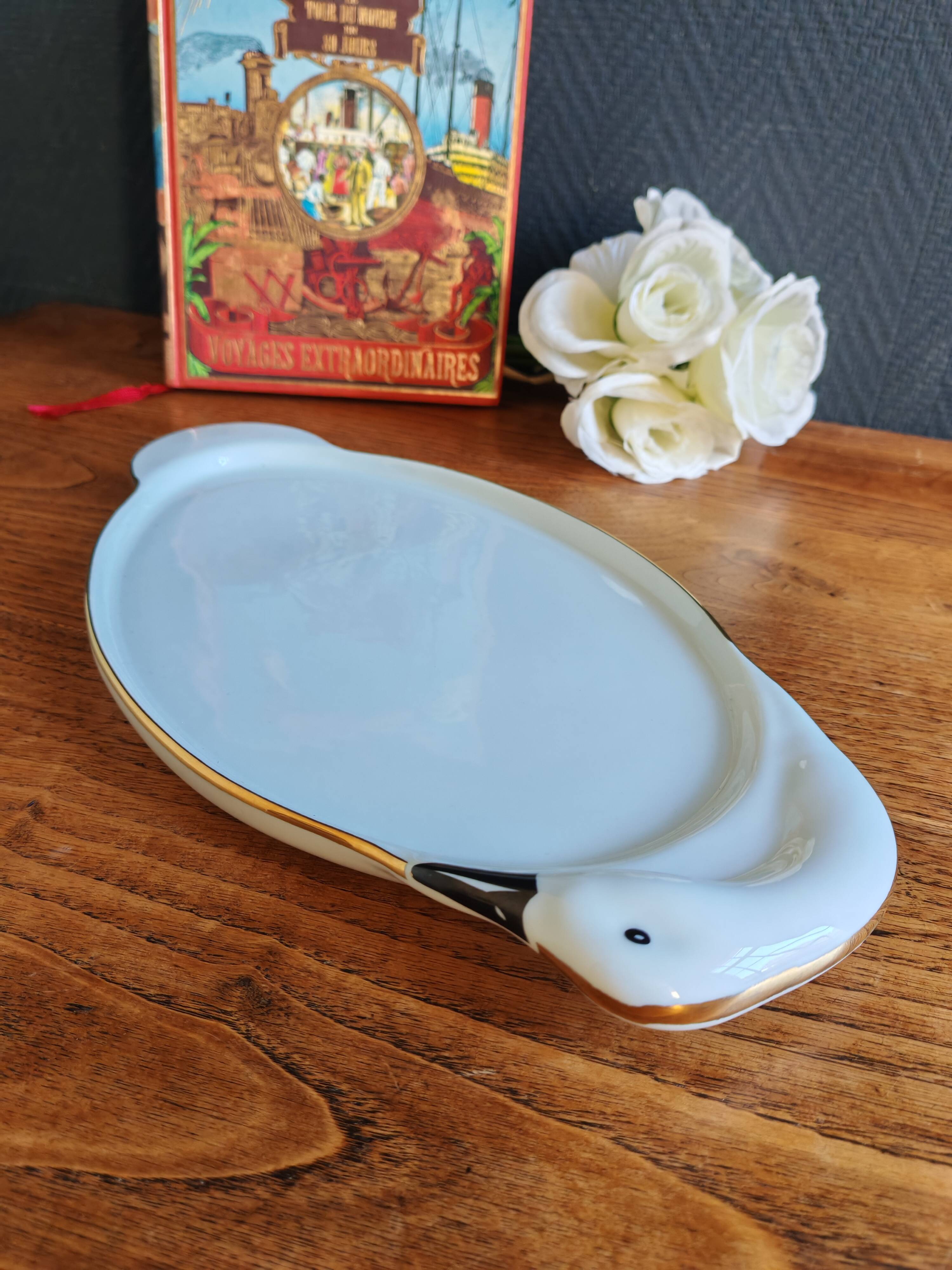 Vintage Porcelain Foie Gras Tray | Oval Duck/Swan Shaped Dish