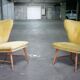 Trio de chauffeuses à oreilles wing chair danoise Elias Svedberg années 50/60 jaune vert