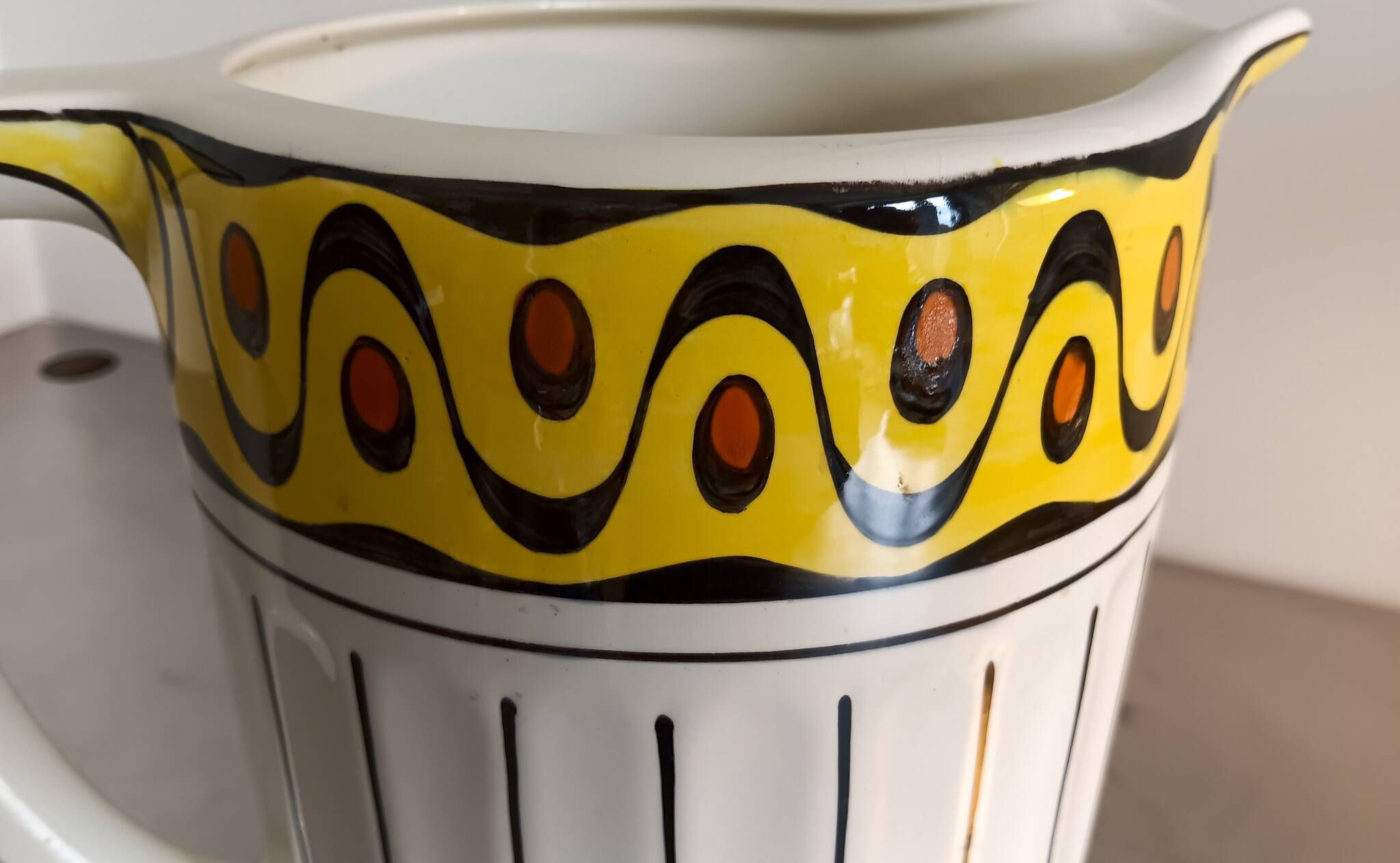 1 very large BFK (Boch Frères Keramis) Ambra 801 L jug. White, black lines and decorated band
