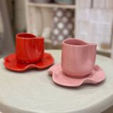 Set of mugs and cups of water lily ceramic handmade pop pink barbapapa