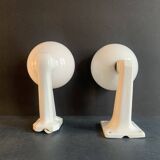 Pair of Art Deco porcelain wall lights with white Opaline globes, 1920