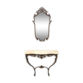Vintage Wall Mirror and Console with an Onyx Top and Cast Brass Frame, Italy