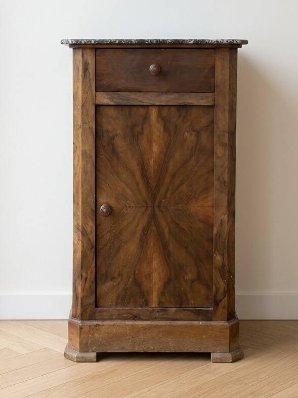 Antique bedside table in wood and grey marble, old brown.