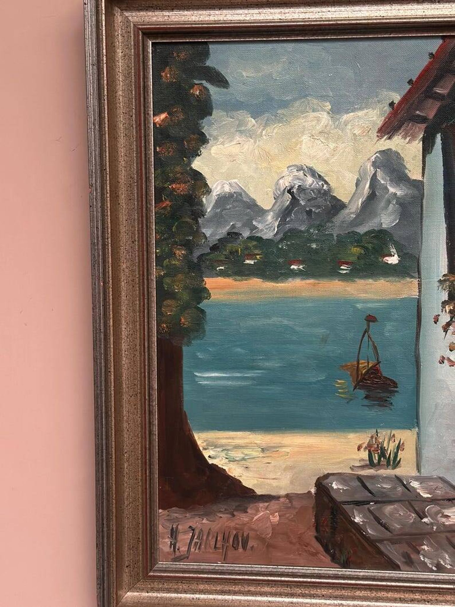 Oil on canvas “By the Lake” by Hartvig Jarlhov, Vintage & Framed 48×56cm