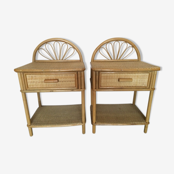 Pair of bamboo and rattan nightstands