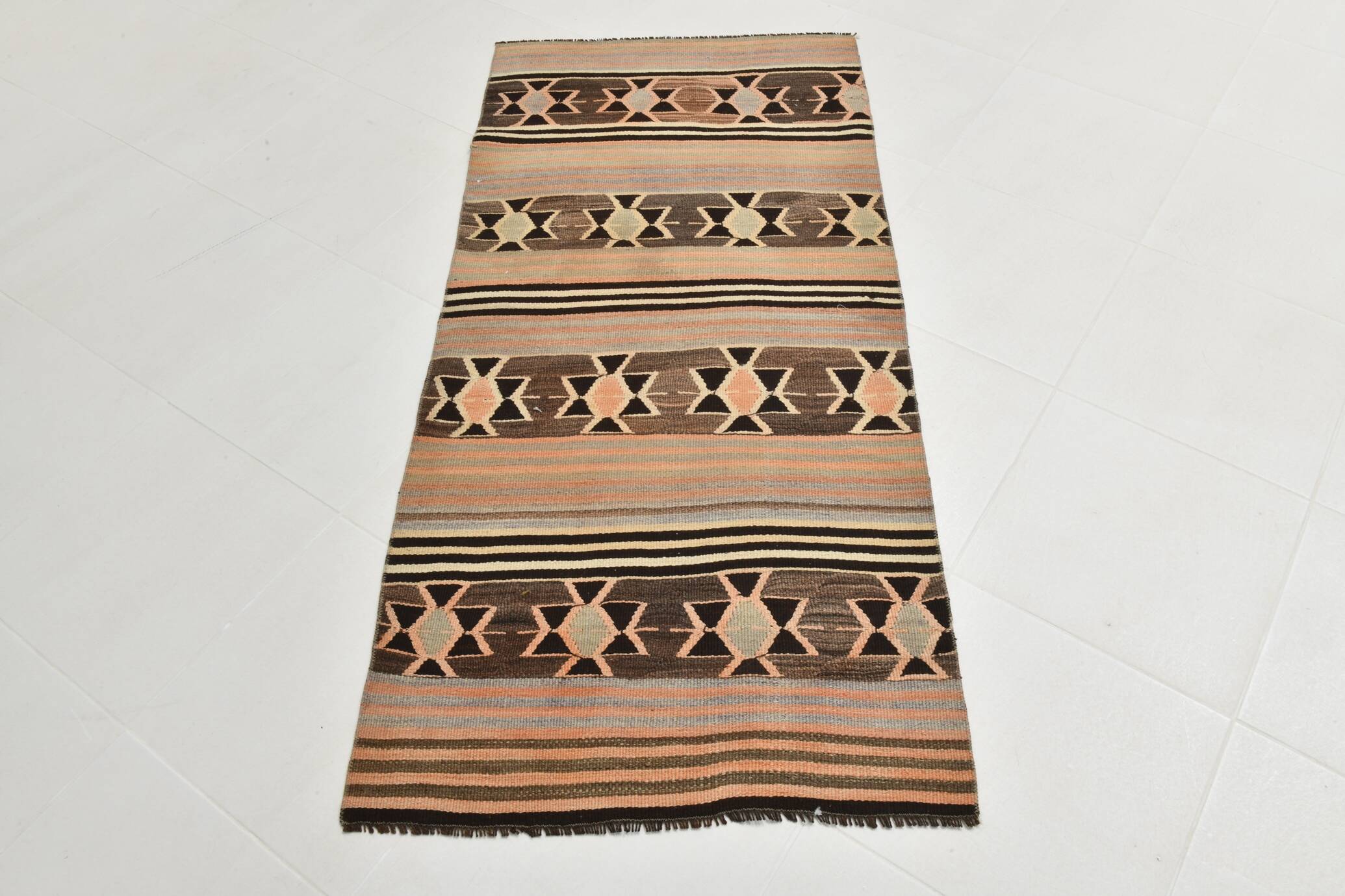 2x5 Salmon Brown Geometric Kilim Rug, 80x170Cm