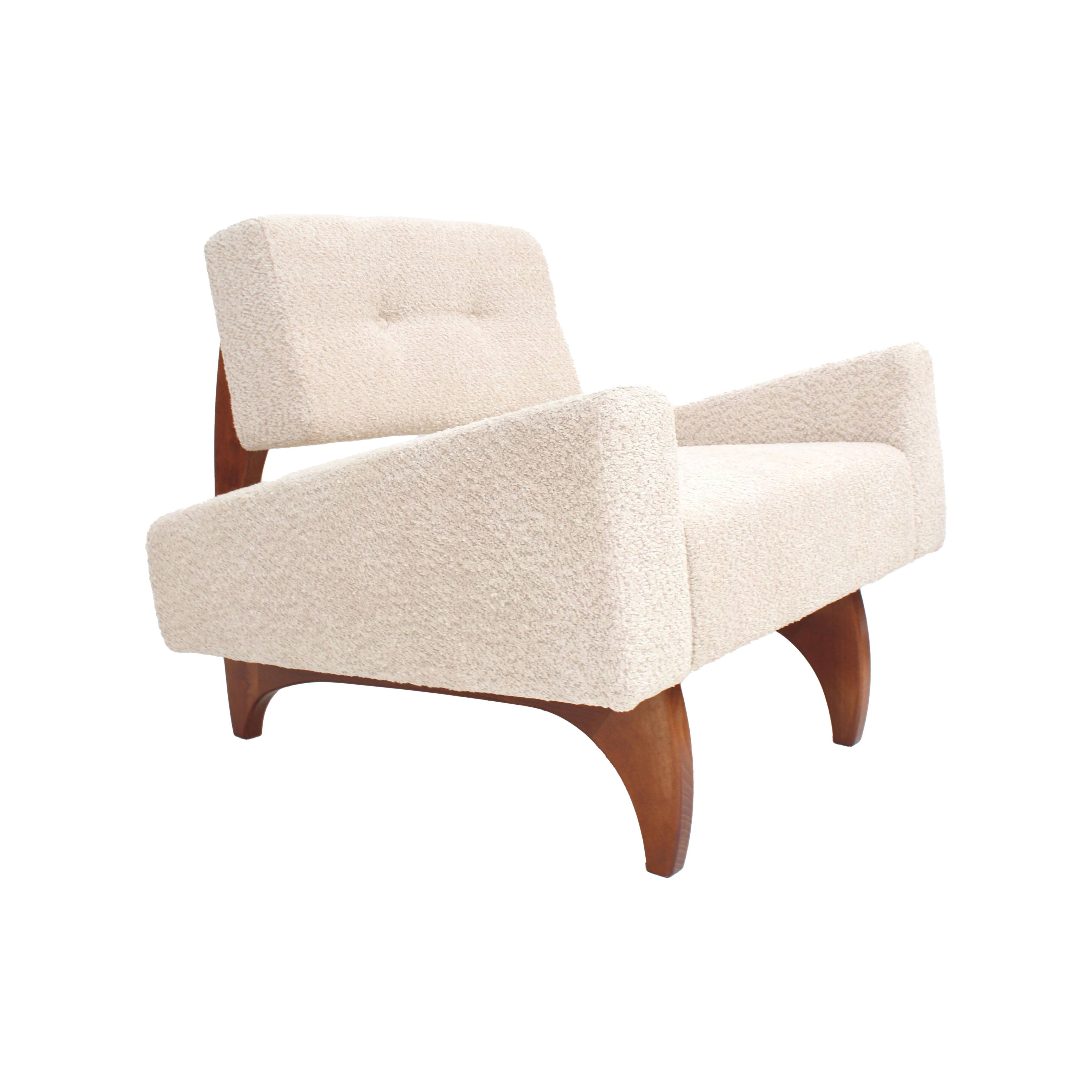 Pair of Italian Contemporary Walnut Armchairs with White Bouclé Upholstery