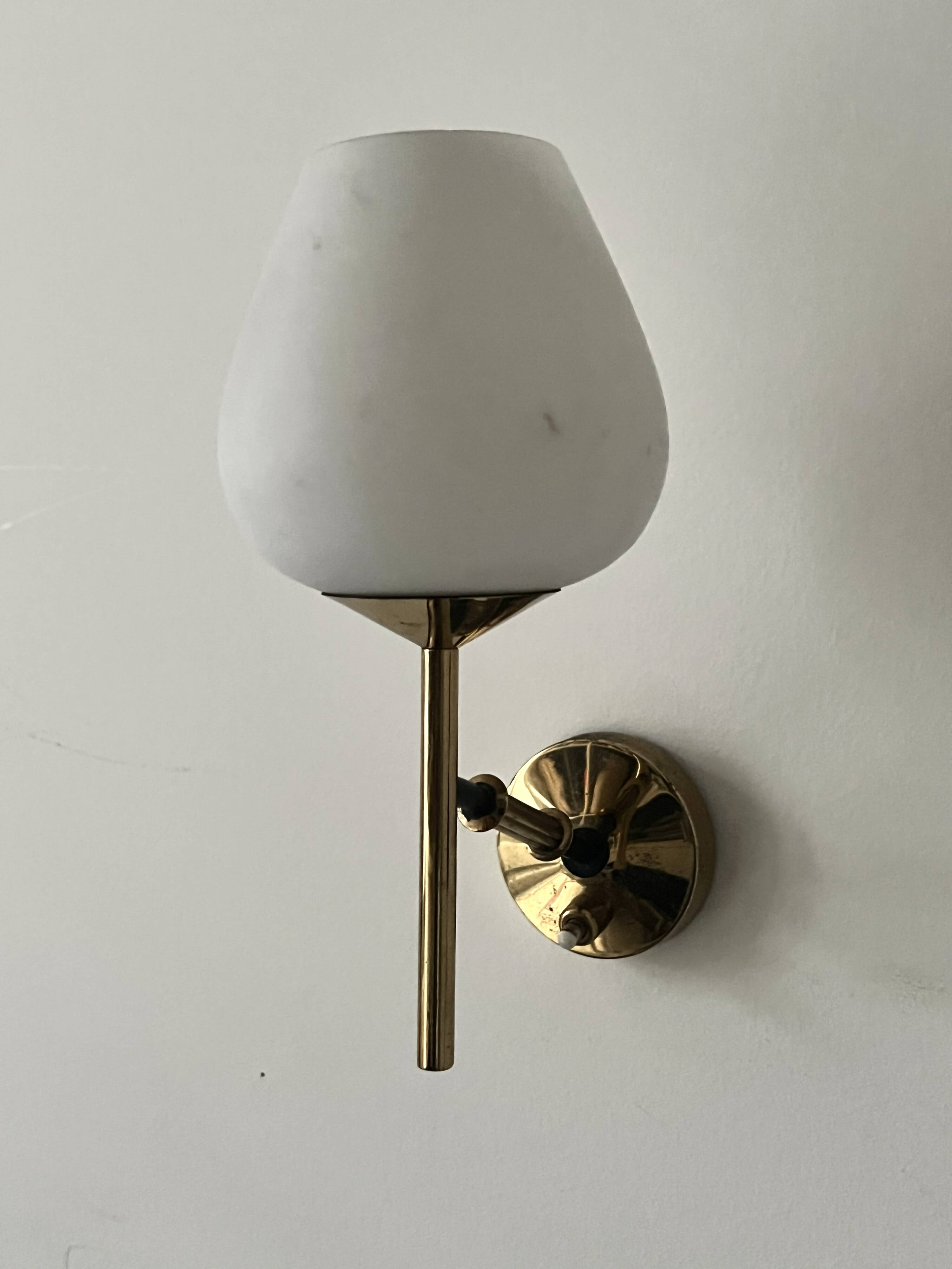 Brass and white opaline glass wall light, Arlus design 1950.