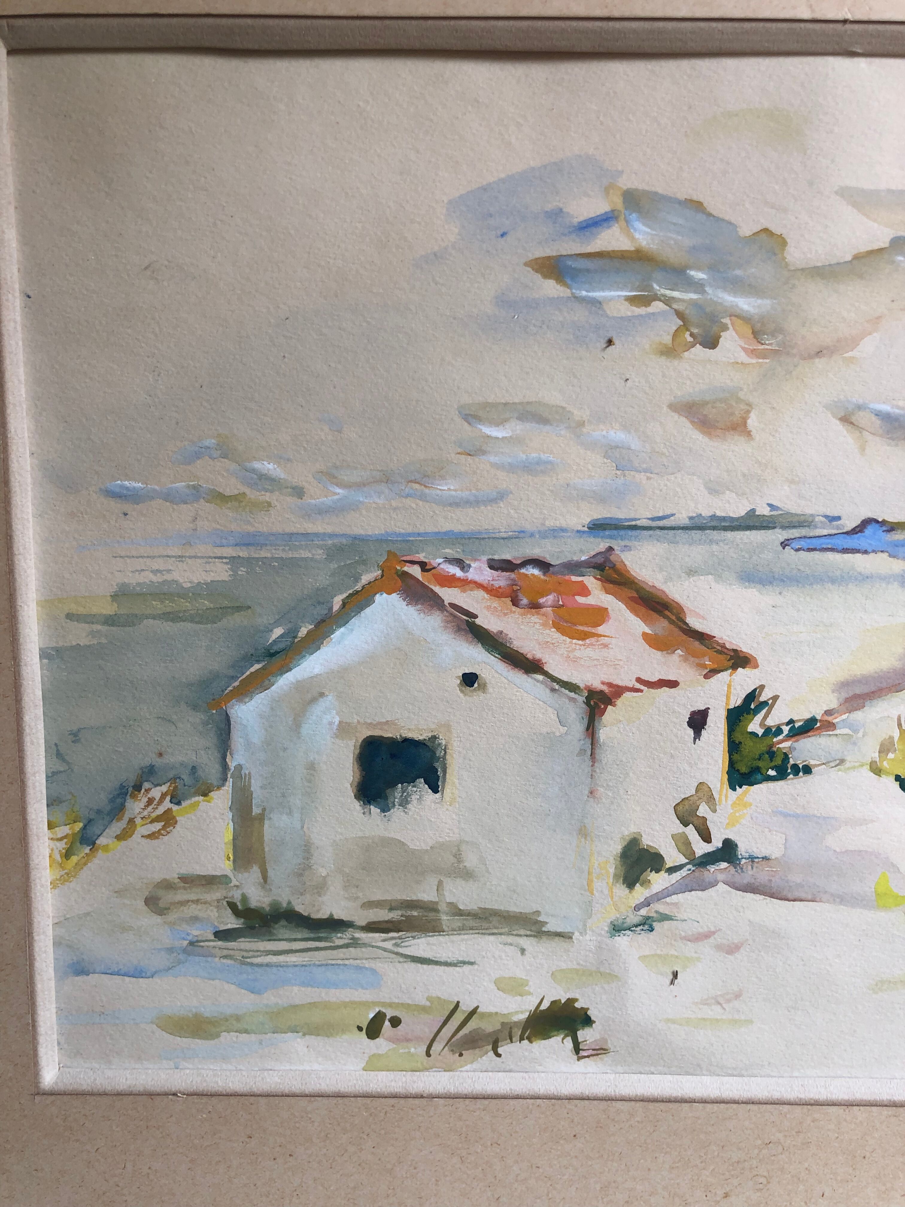 Framed watercolor seaside house