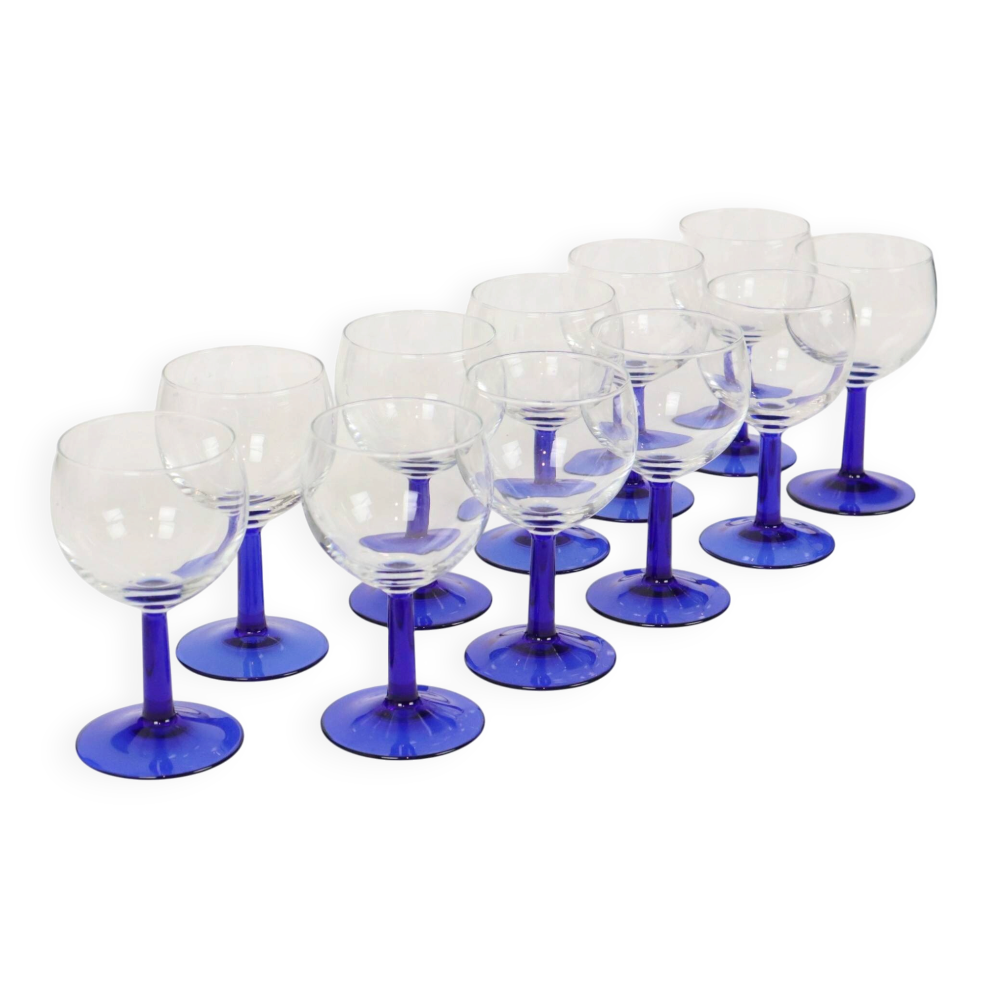 Set of Arcoroc Wine Glasses Cobalt Blue Base France 1980s