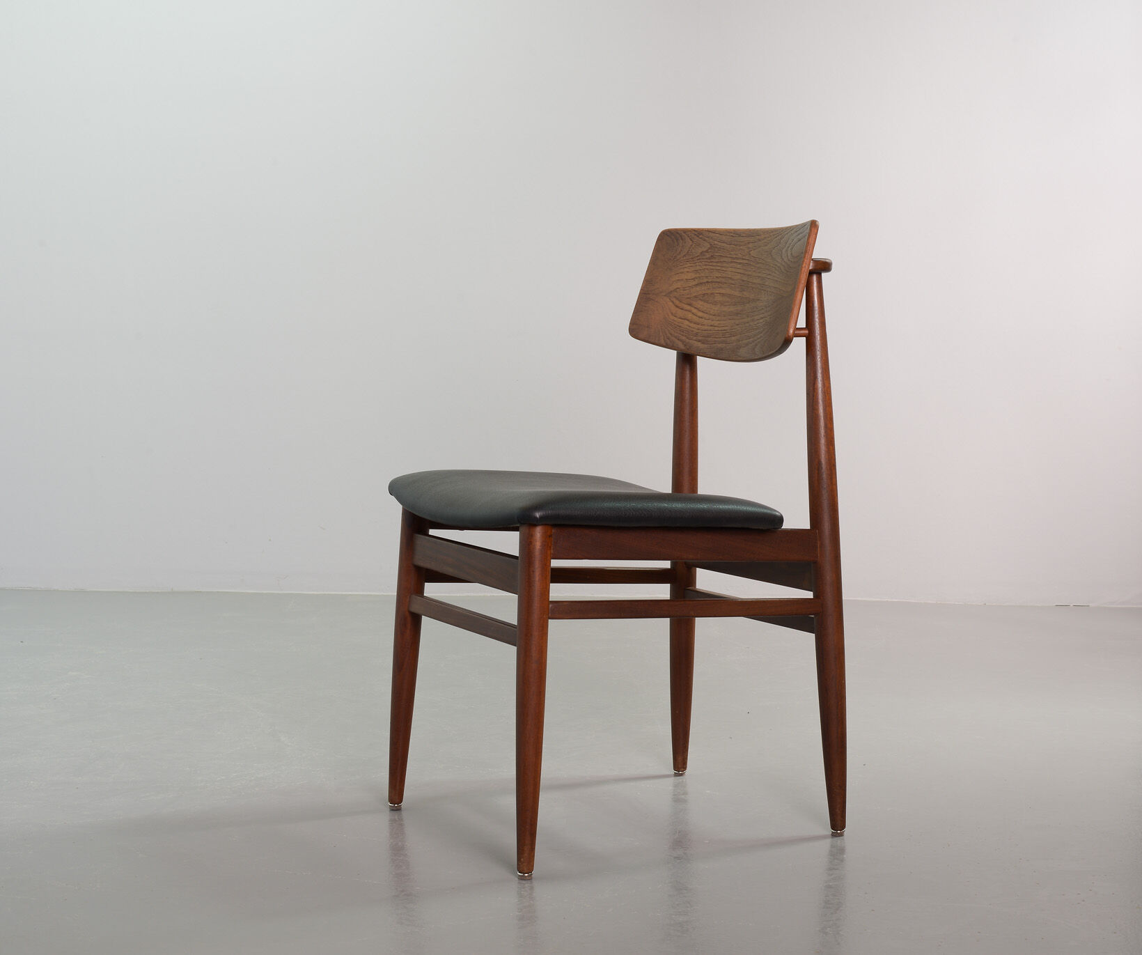 Danish Solid Teak Wooden Dining Chairs with Black Leatherette Seating 1960s