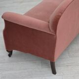 1950s, Danish 2-seater sofa, salmon pink furniture velour, oak wood legs.