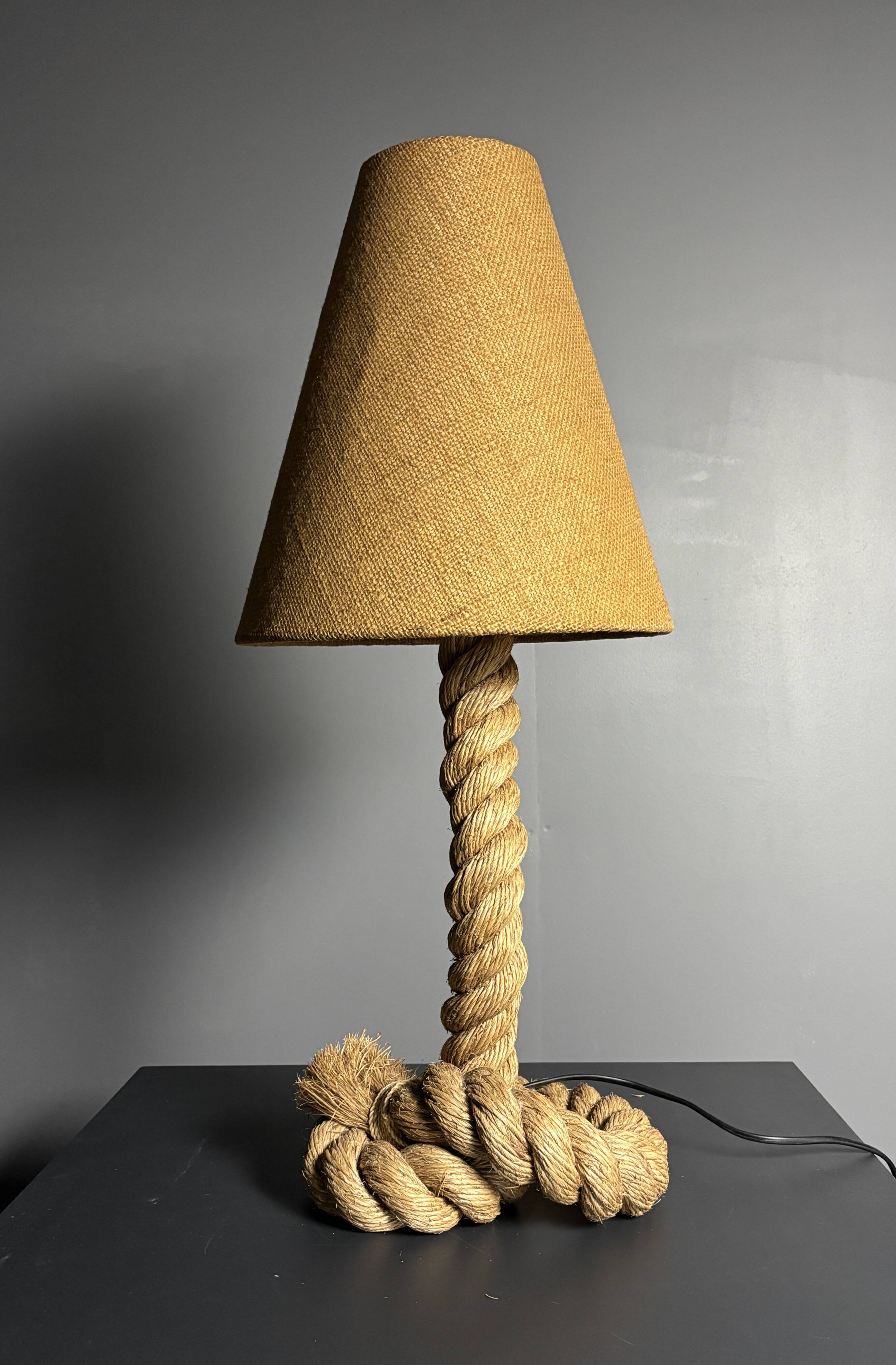 Midcentury French brutalist rope table lamp in the style of Audoux & Minet