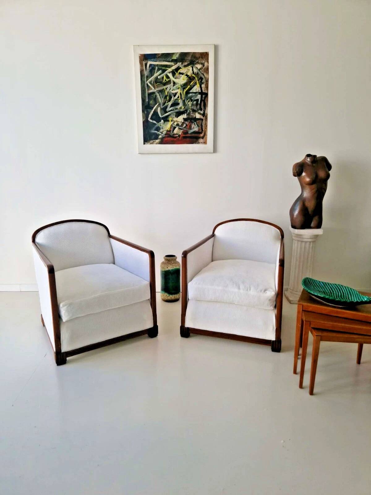 Pair of Large White Art Deco Armchairs 1950s Mid Century Modern Interior De