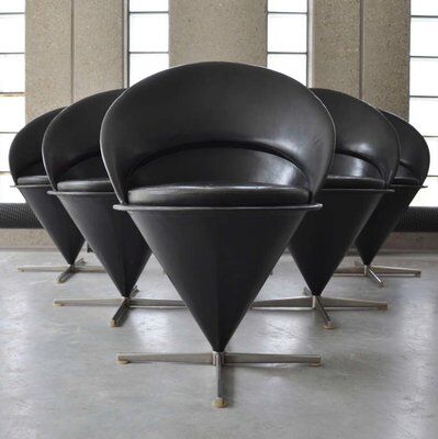 Set of 6 vintage black leather cone chairs by Verner Panton for Gebrüder Nehl