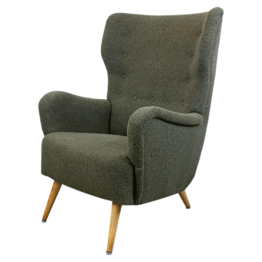 Fauteuil Wingback bouclé gris-vert, Autriche années 50