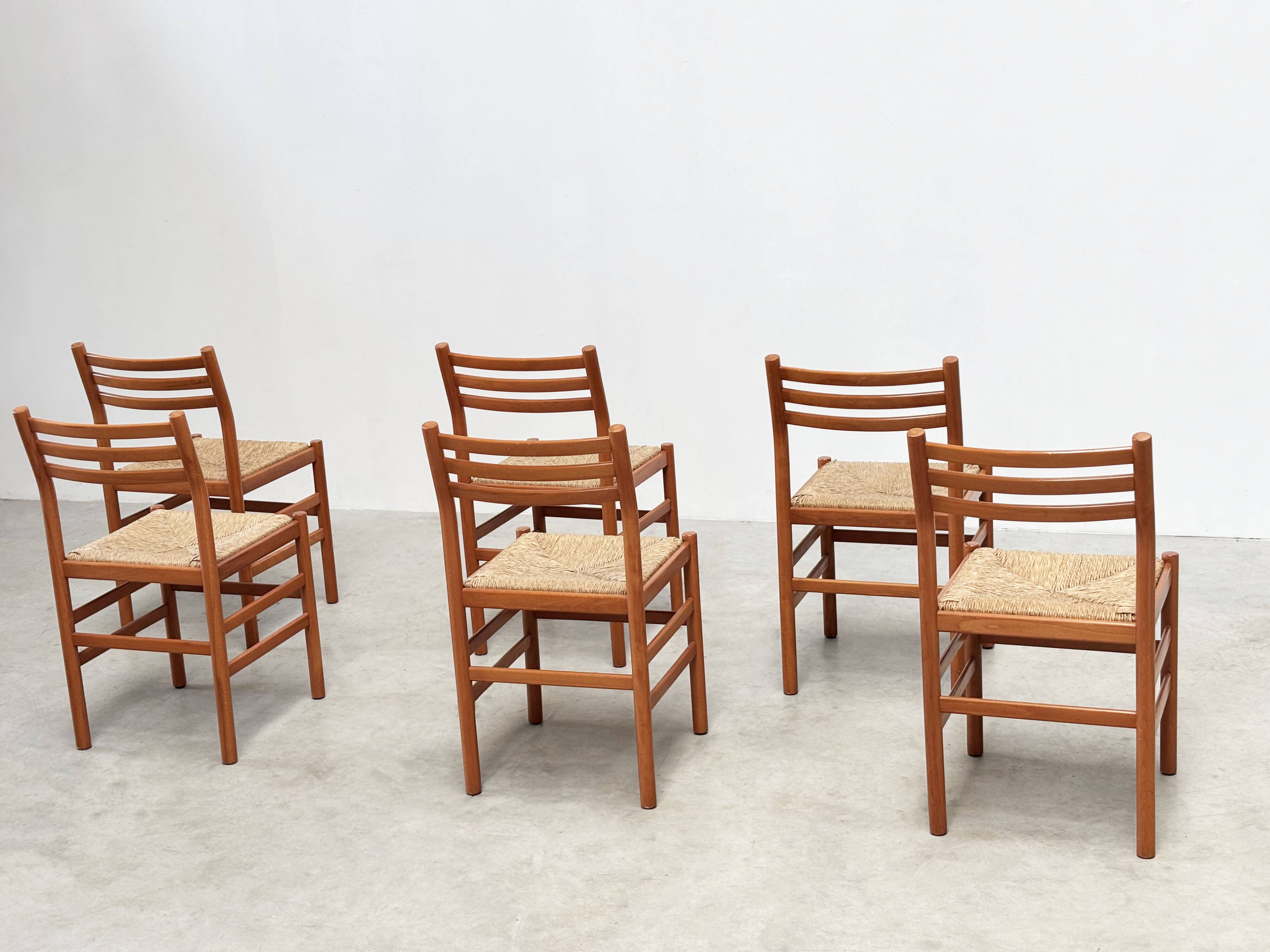 Set of six walnut and rattan dining chairs