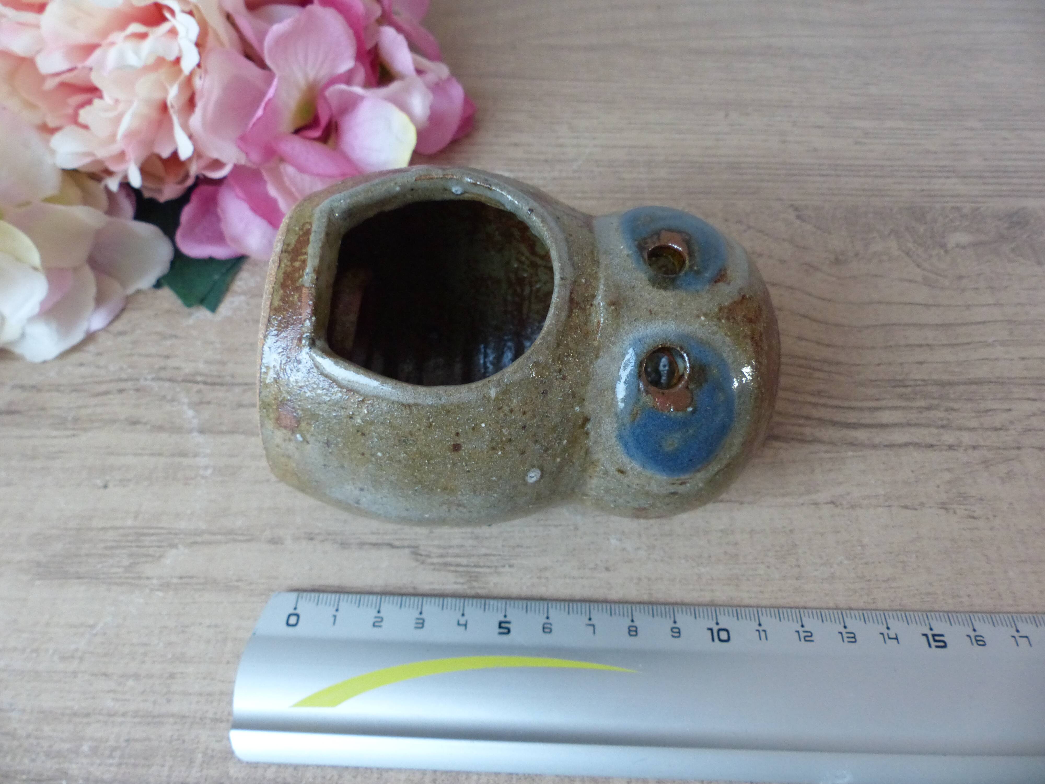 Pyrite Stoneware Owl Candle Holder, Vintage Pottery Owl Fragrance Burner