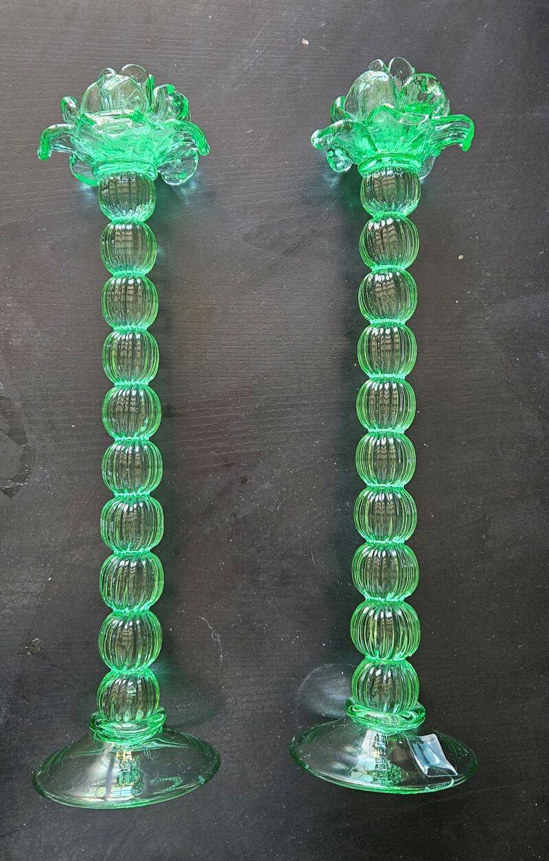 Broste Copenhagen - Pair of Large Green Blown Glass Candlesticks