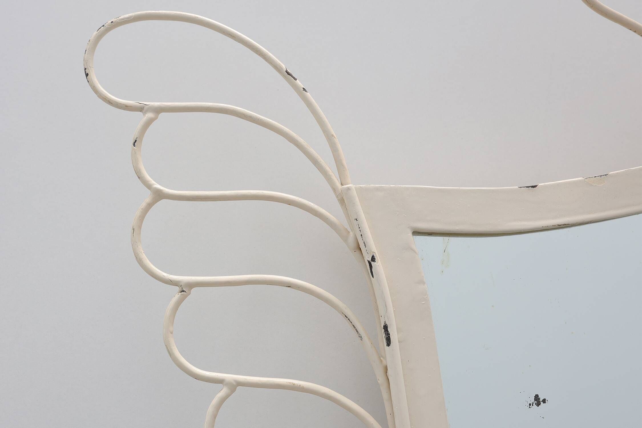 French White Lacquered Metal Mirror with Looped Wire Frame and Fan Crest, 1