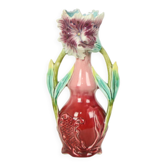 Vase en faïence de style Art nouveau français, décor fleurs, 30 cm