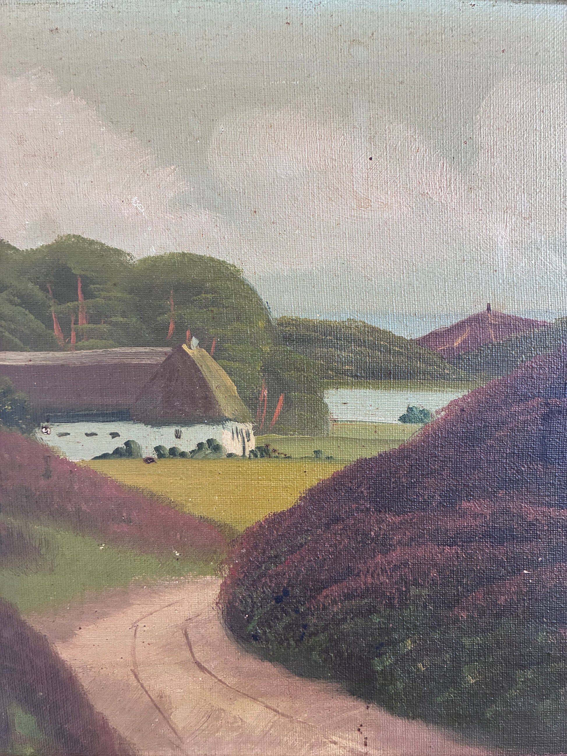 Vintage original landscape oil painting, signed countryside cottage art