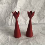 pair of Scandinavian painted wooden candle holders, minimalist atmosphere, free form