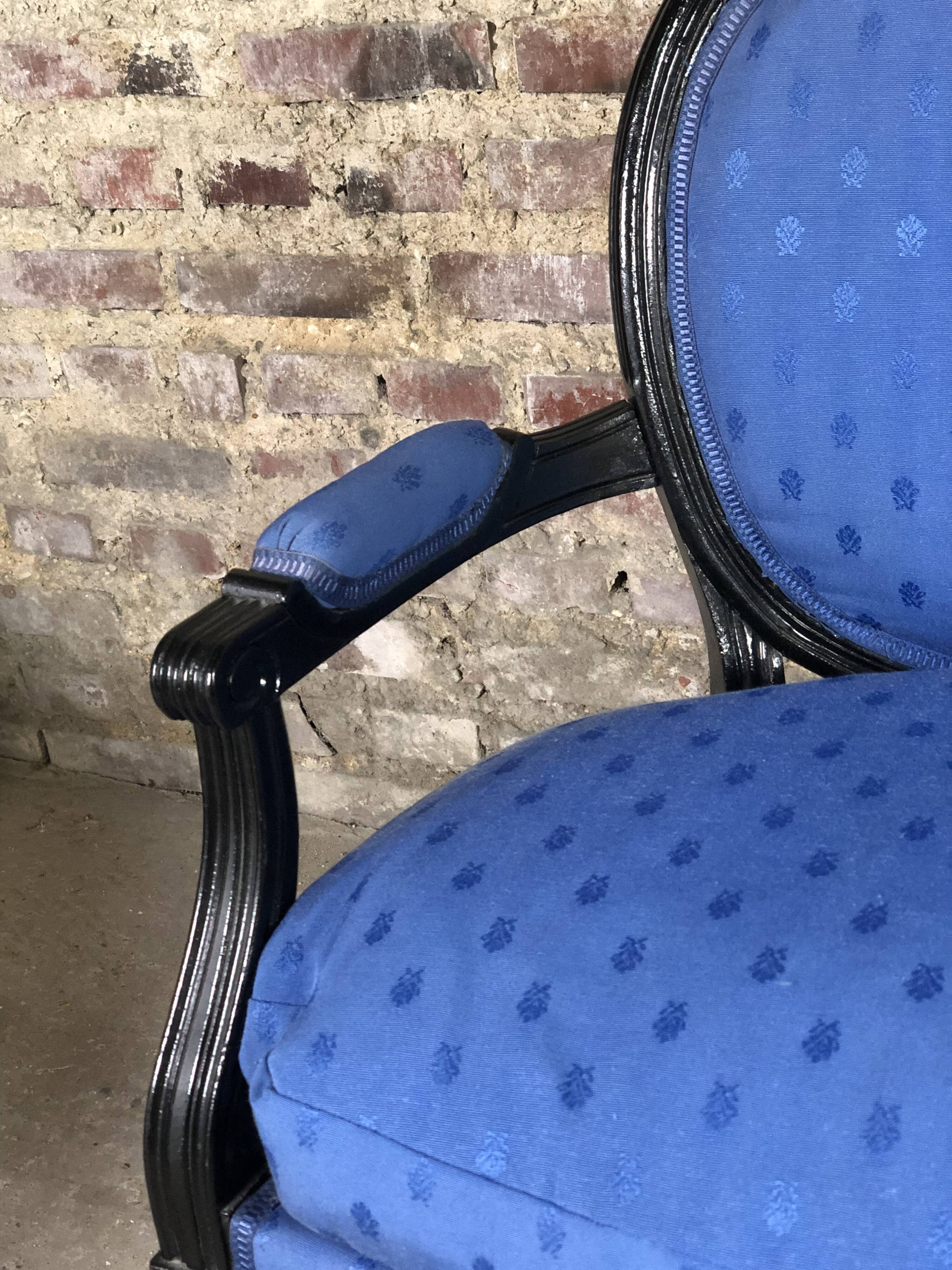 Louis XVI style bench in black wood and blue fabric