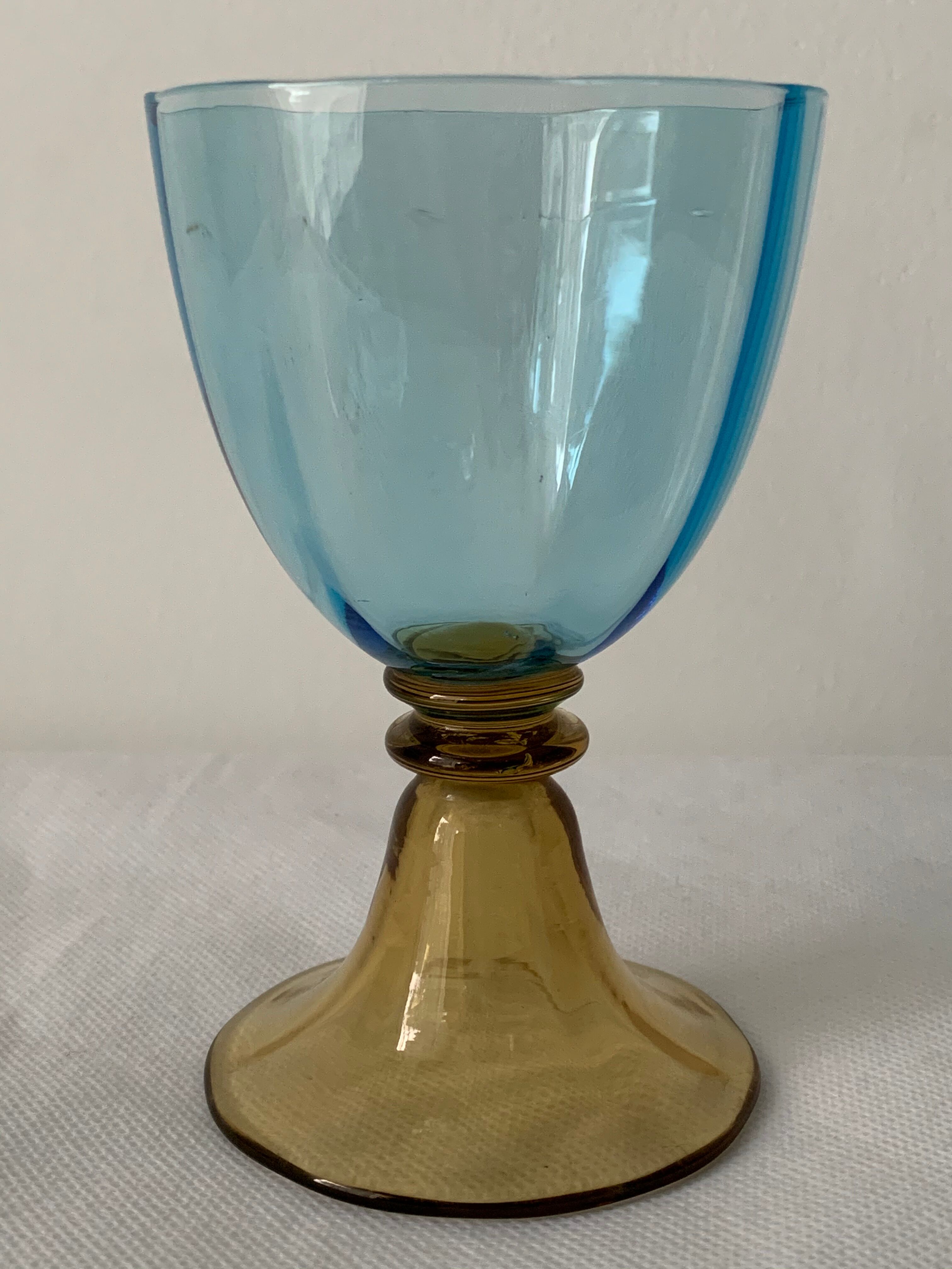 5 glasses in amber and blue crystal George Sand diabolos 19th century