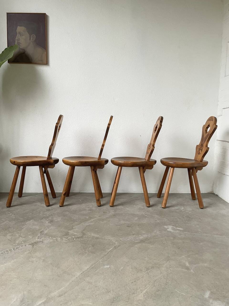 Set of 4 Savoyard pine chairs from the 60s