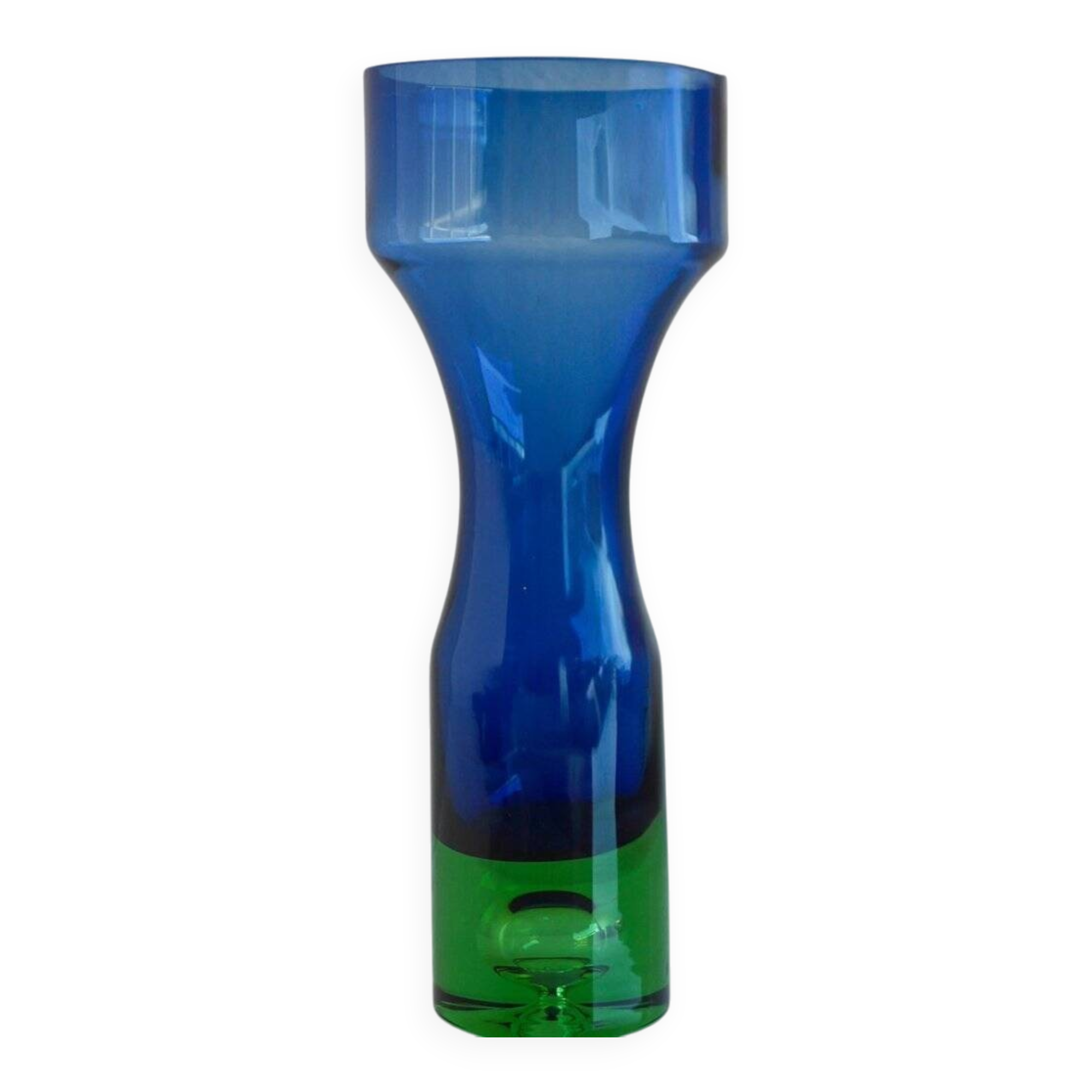 Mid-century modern Scandinavian bright blue and emerald green glass vase from Borgström Åseda, Sweden