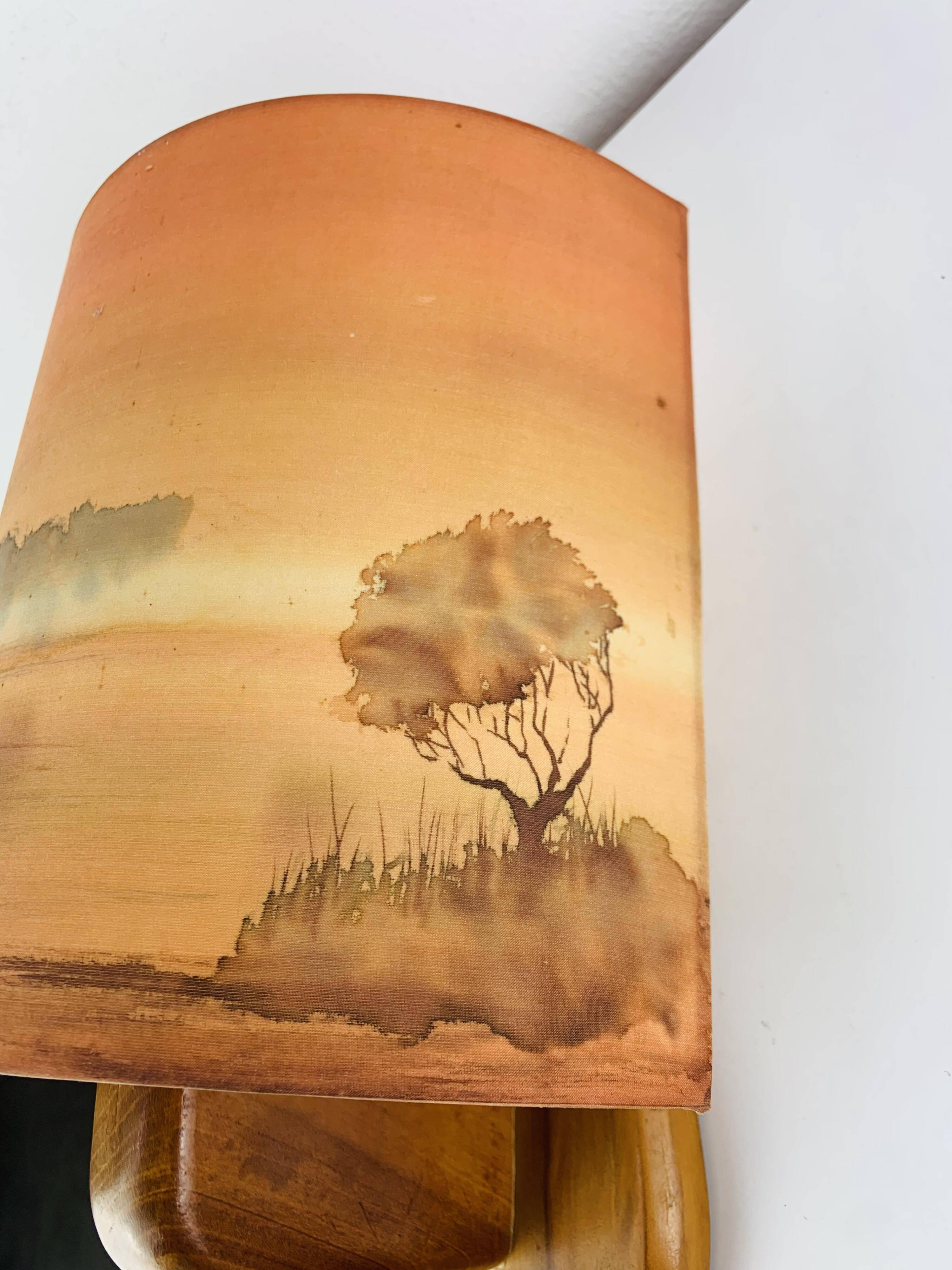 Wooden wall lamp and silk lampshade, vintage, 1960s.