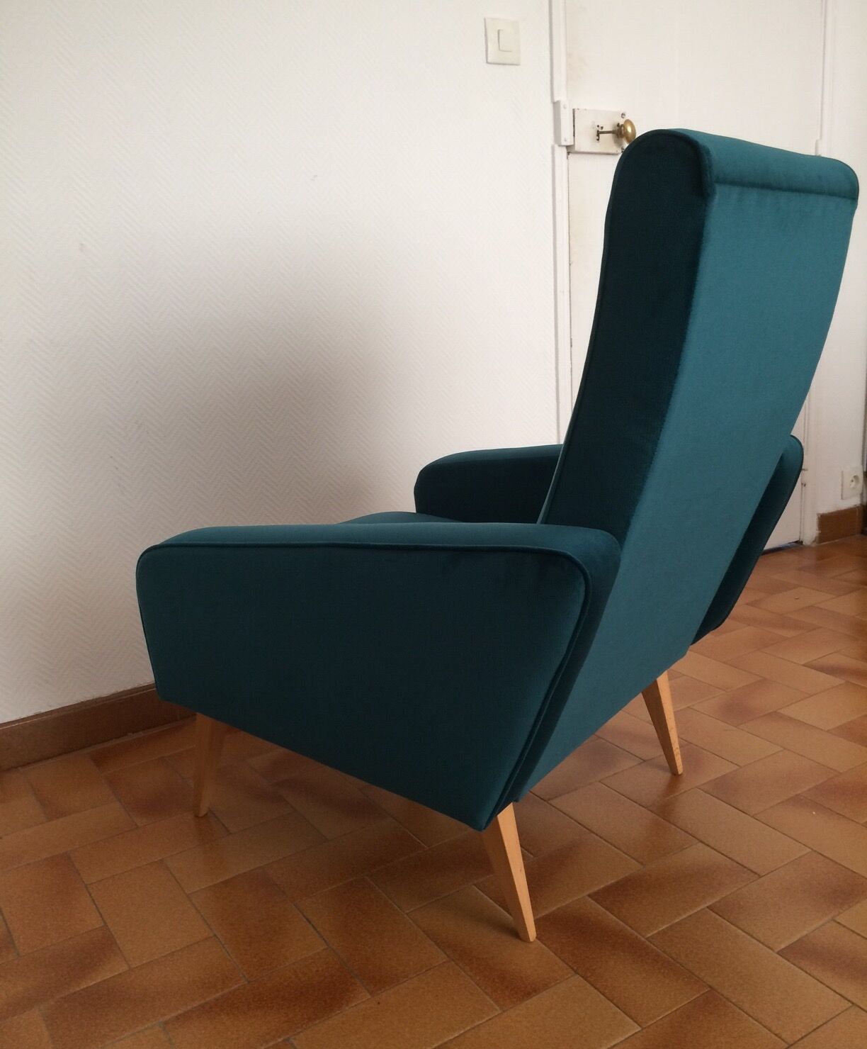 Armchair  50/60 years, duck blue velvet restored