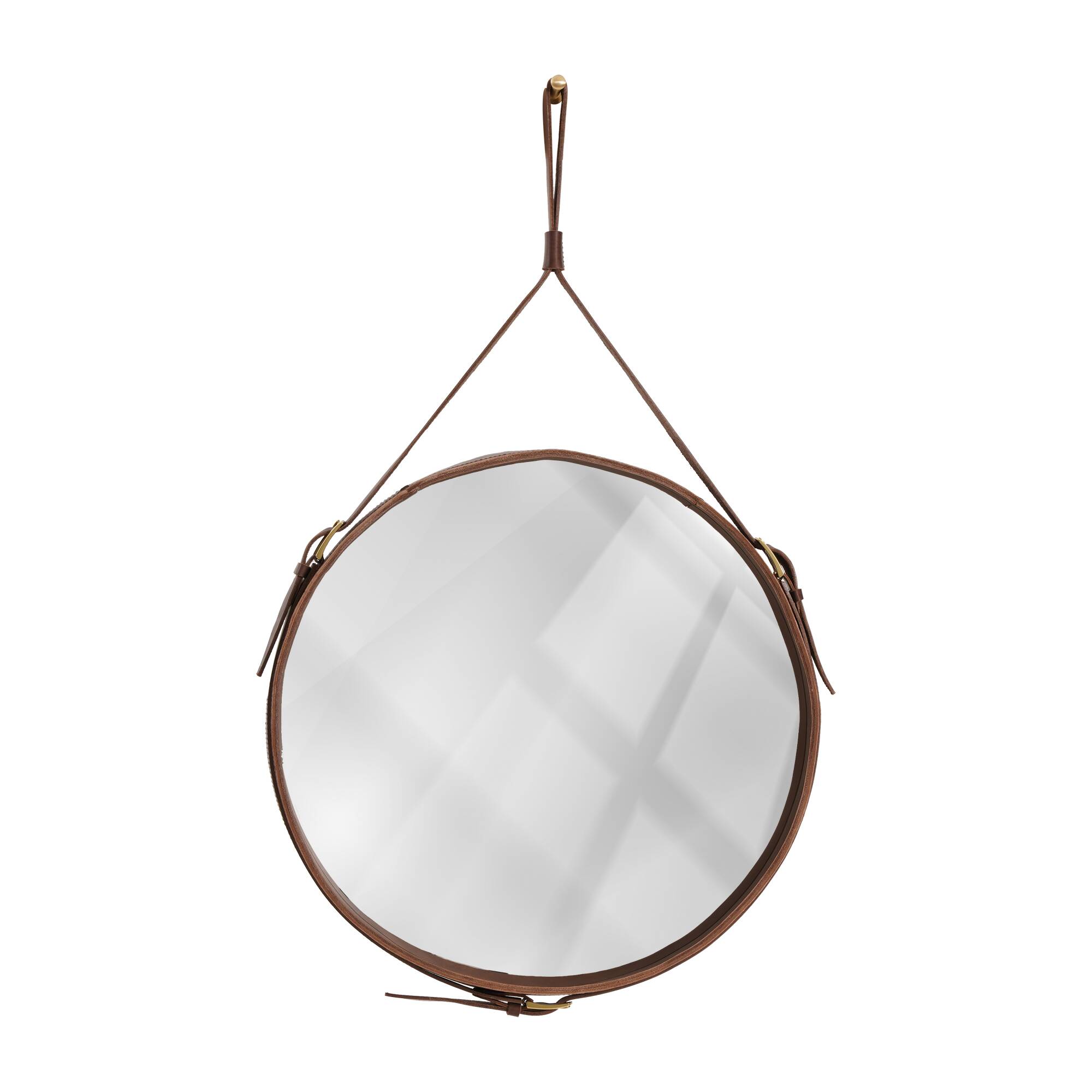 Handmade J. Adnet style mirror in brown vegetable-tanned leather, ø 70 cm