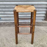 Solid wood and straw stool 1960