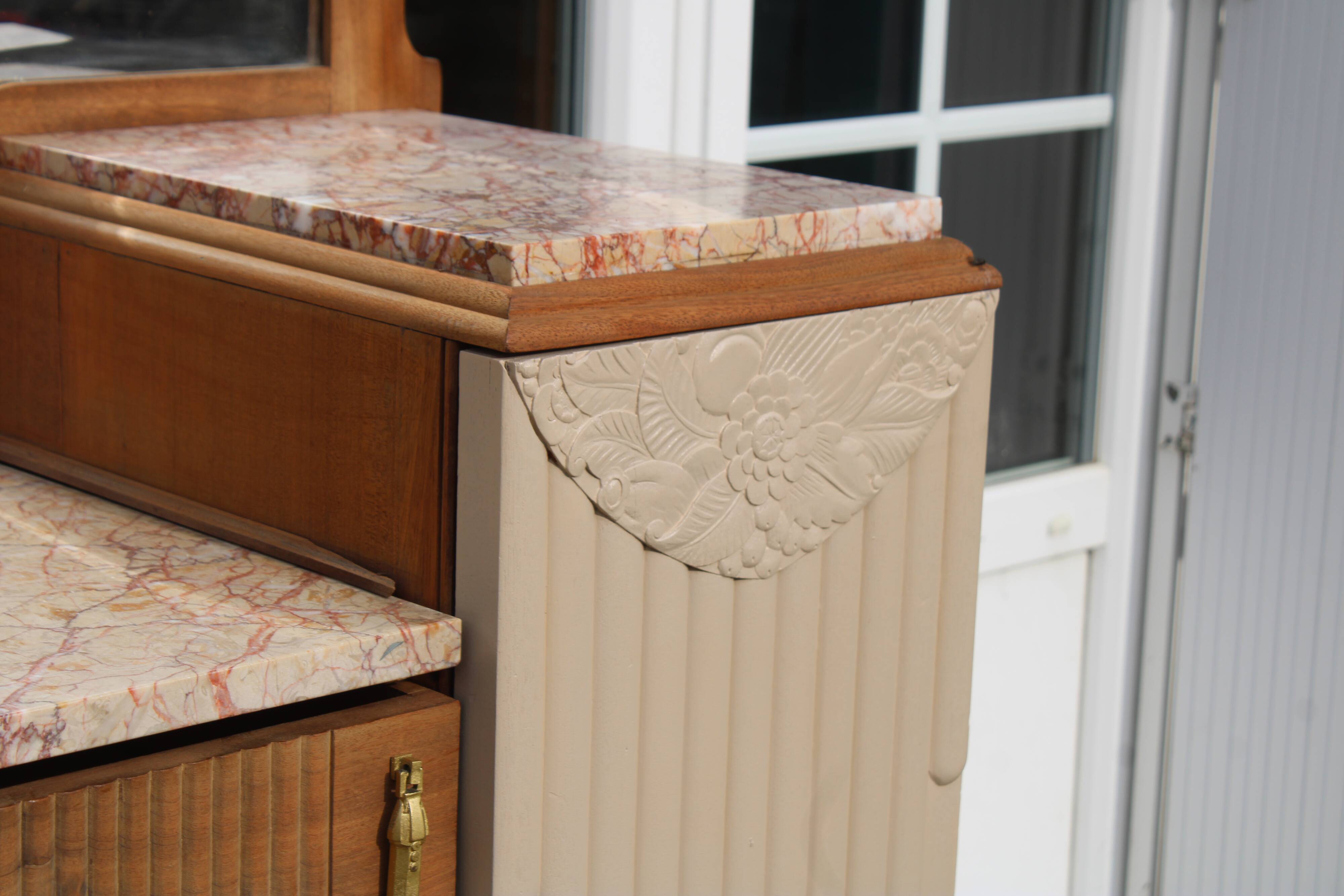 Renovated Art Deco buffet, pink marble and original mirror.