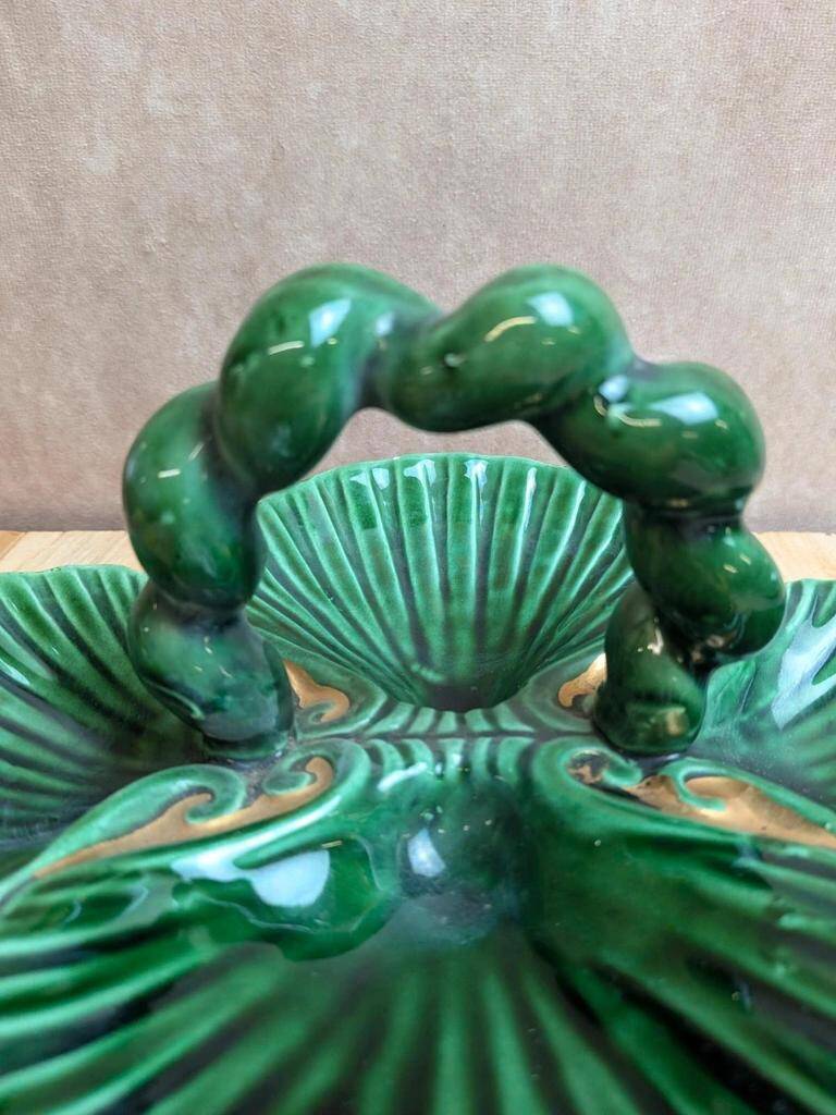 Vintage ceramic server in green with shell design, Vallauris style.