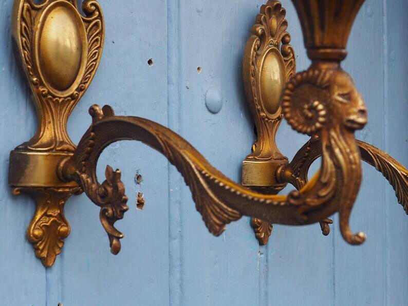 Vintage Rams Head French Bronze Wall Sconces Wall Lights C1930s Pair